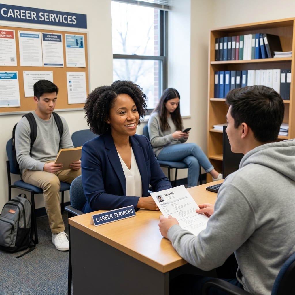 A university career services office with a student speaking to an advisor at a desk while other students wait with folders and backpacks