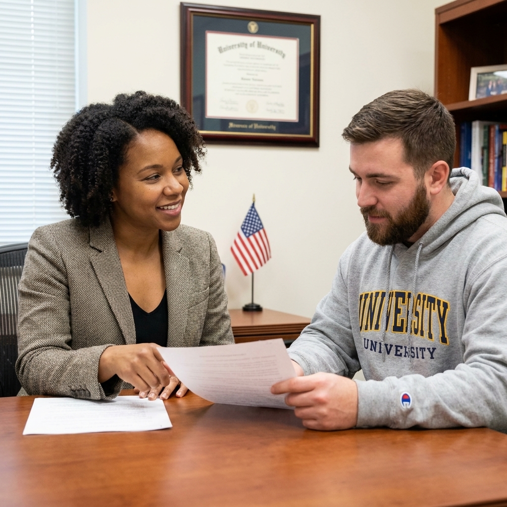 A university veterans services staff member speaking with a student veteran at a desk