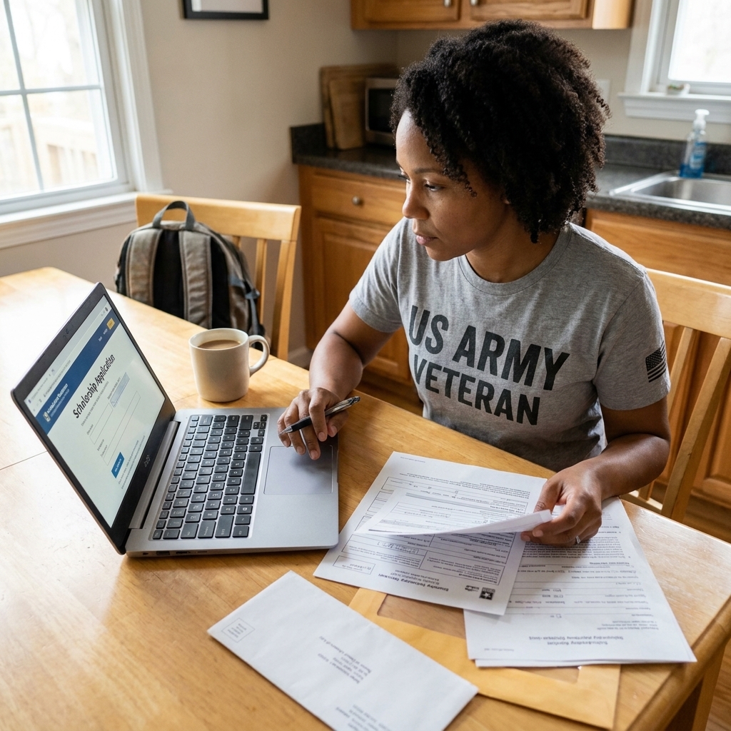 A veteran student at a kitchen table filling out scholarship applications on a laptop with paperwork neatly arranged beside a cup of coffee