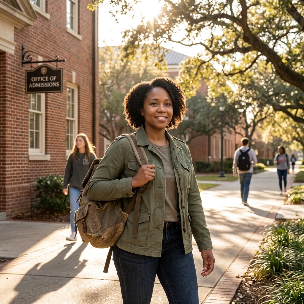 A veteran student walking through a private university campus with a backpack, passing an admissions building on a sunny day