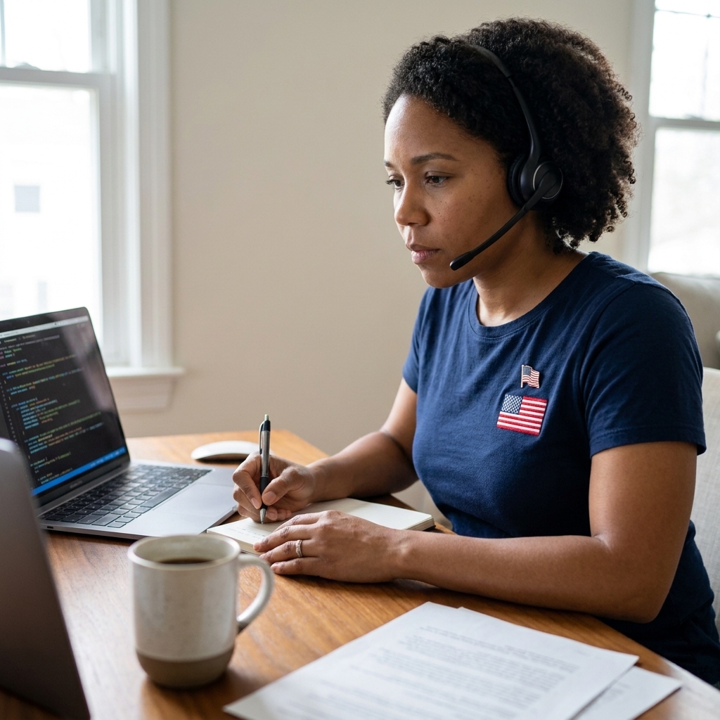 A veteran working remotely at home on a laptop with a headset, taking notes while troubleshooting a technical issue