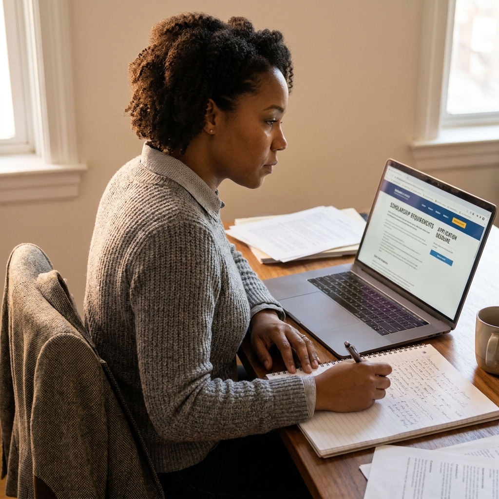A working adult reviewing scholarship requirements on a laptop while taking notes in a notebook at a desk