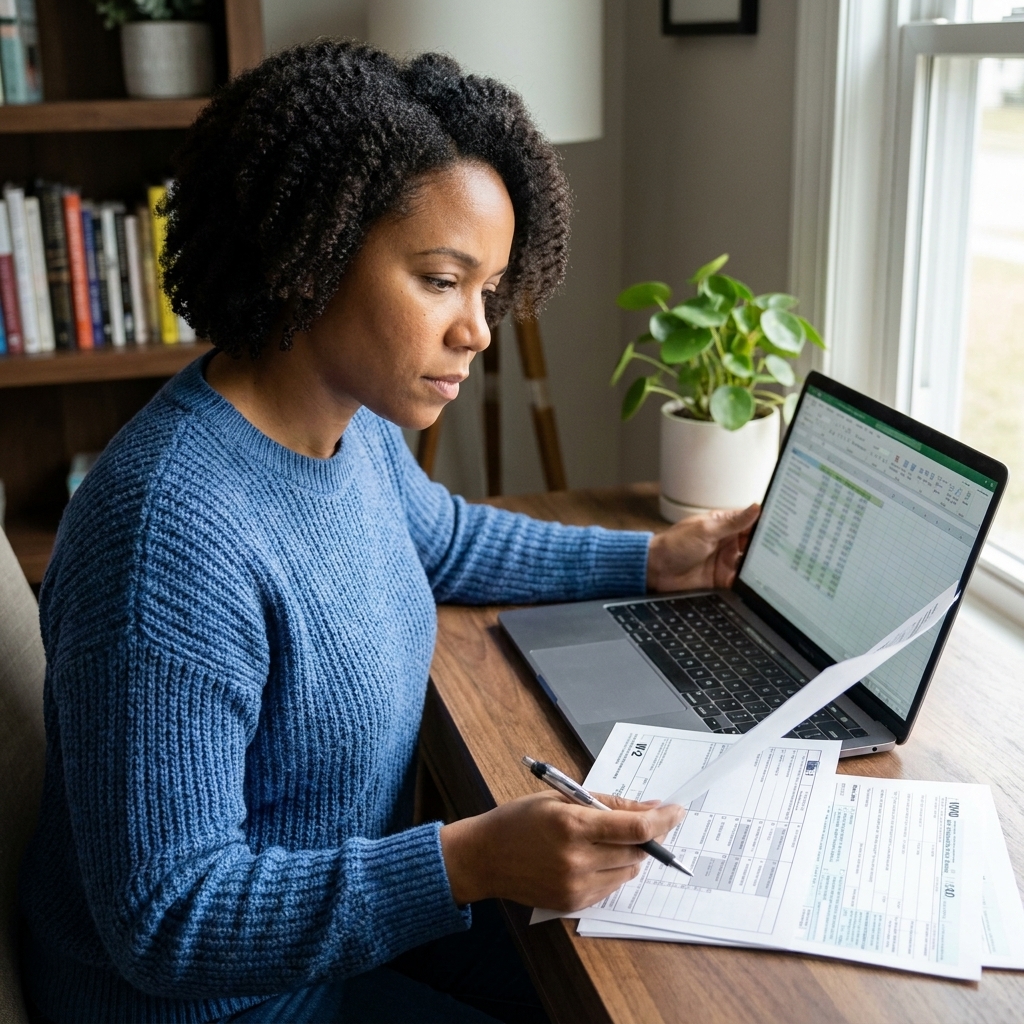 A working adult reviewing tax documents and a W-2 form next to a laptop on a home desk