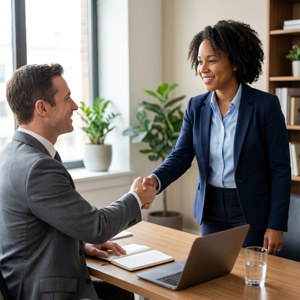 A young job seeker in business casual shaking hands with an interviewer across a desk in an office