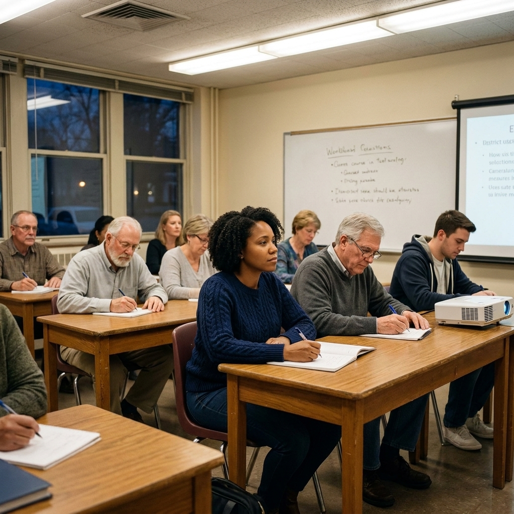 Adult students of different ages sitting in a community college classroom during an evening course, listening and taking notes