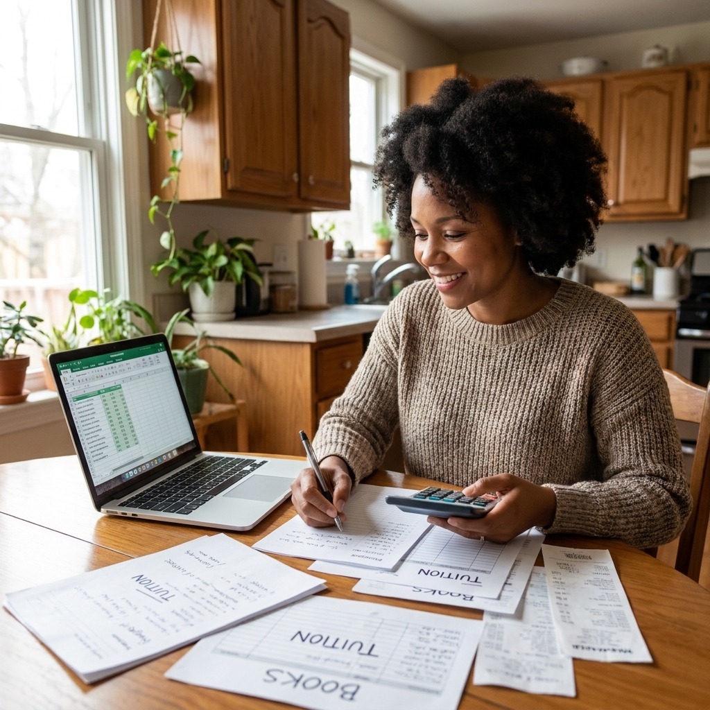 An adult student at a kitchen table using a laptop and calculator while reviewing a household budget and school expenses on paper