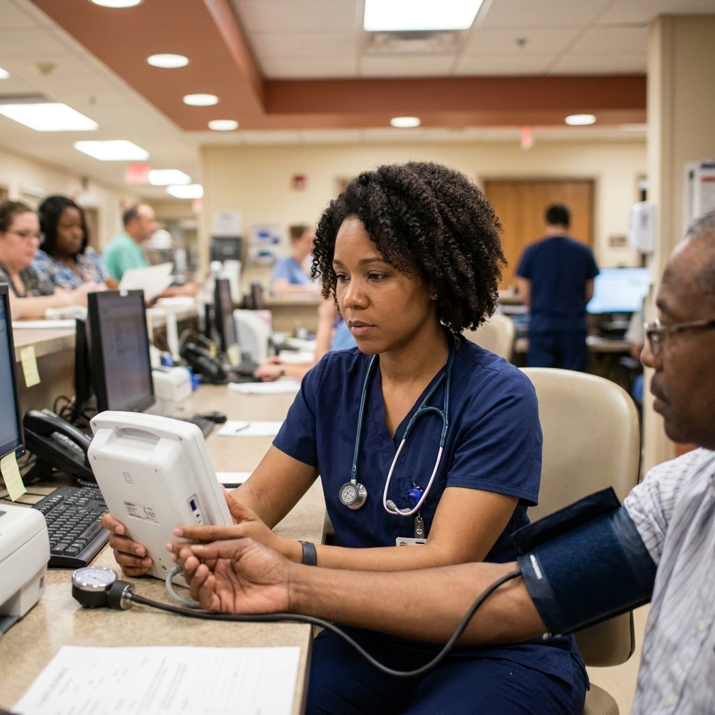 An emergency department nurse at a triage desk taking vital signs for a patient in a busy hospital emergency room