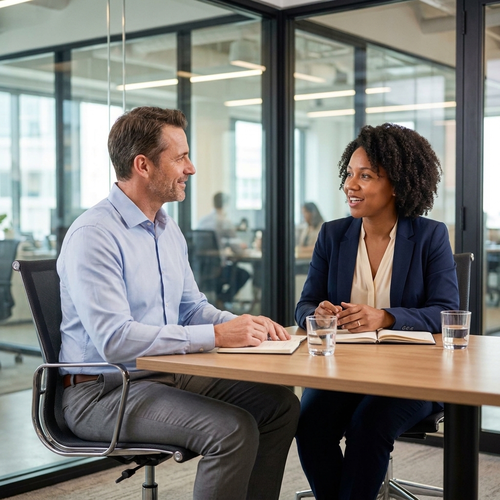 An employee and their manager having a calm one-on-one conversation in a glass-walled meeting room