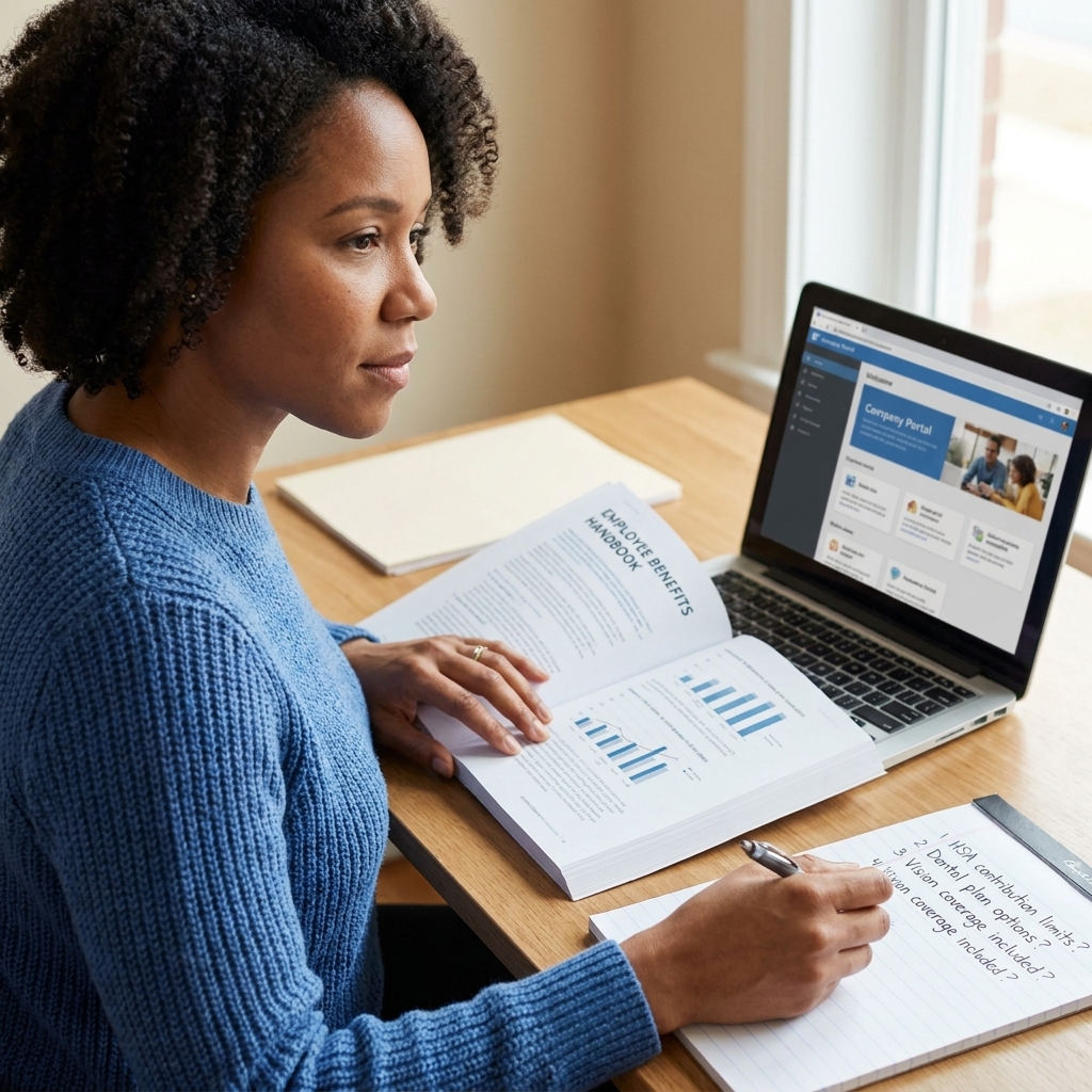 An employee benefits handbook open on a desk next to a laptop and a notepad with handwritten questions