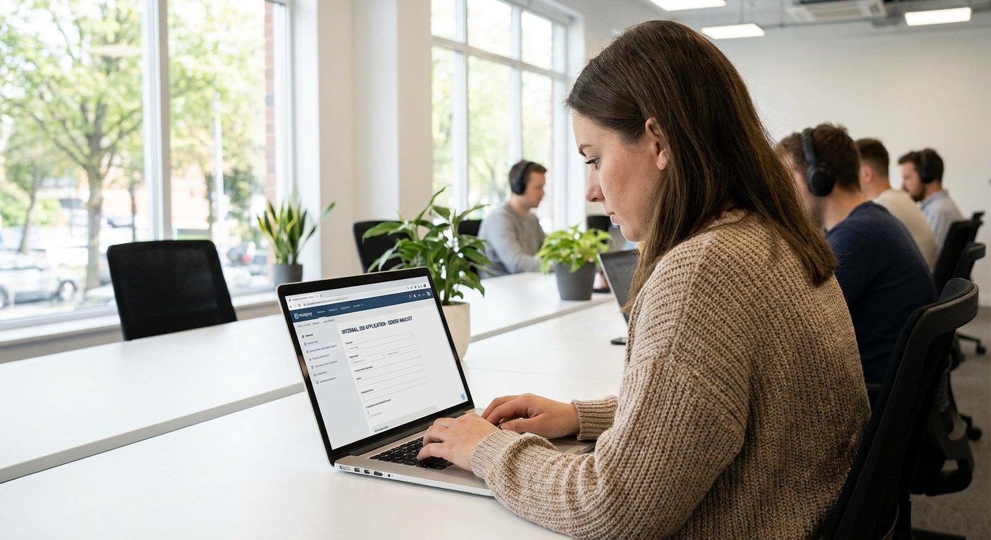 An employee working at a laptop in a quiet office, completing an internal job application in a company portal