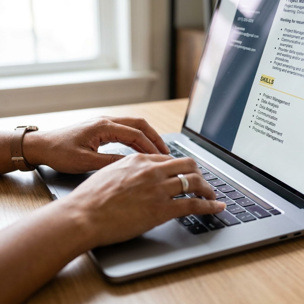 Close-up of hands typing on a laptop while editing a resume skills section, natural indoor lighting