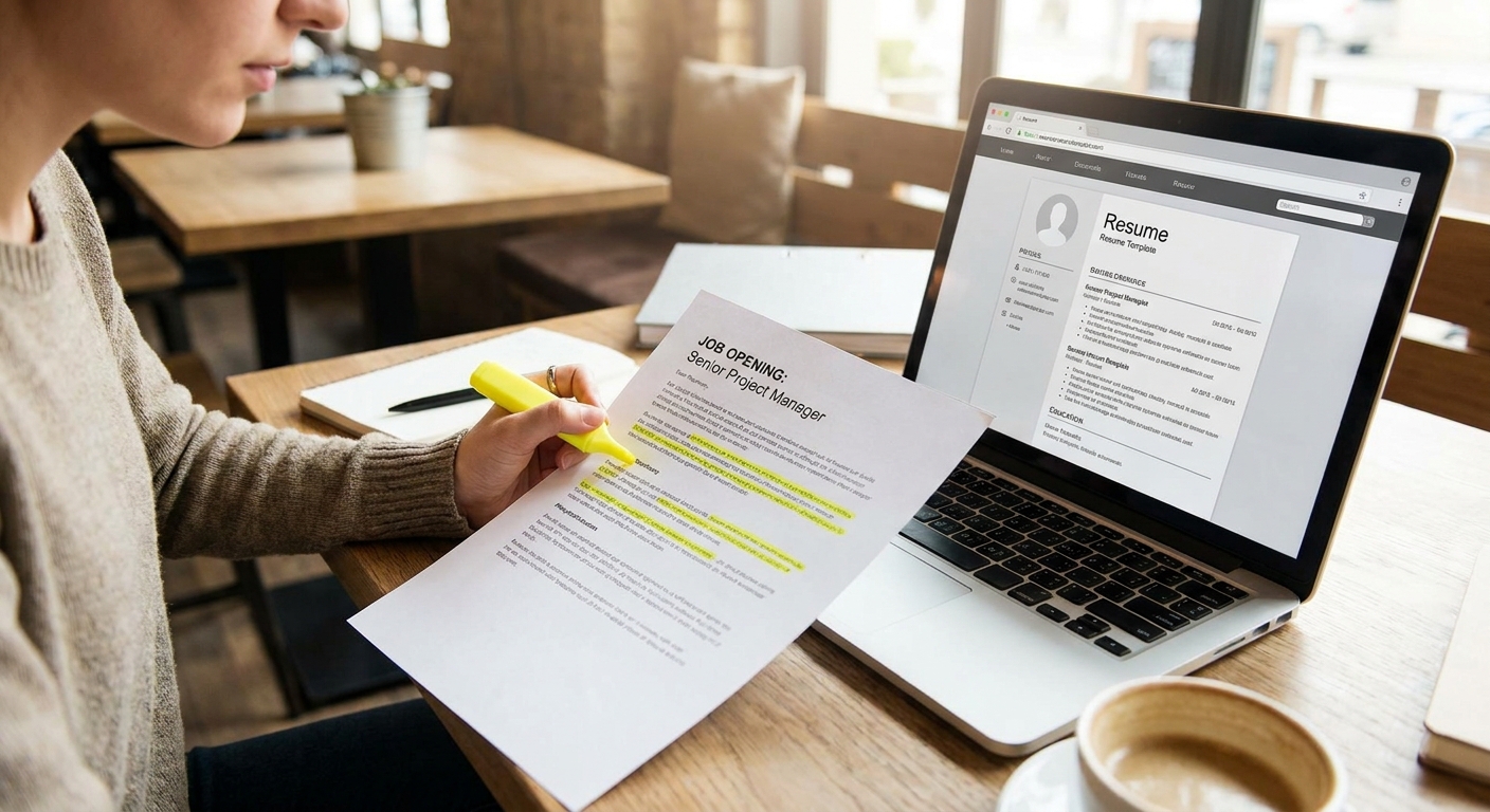 Job seeker highlighting key requirements on a printed job posting beside an open laptop.
