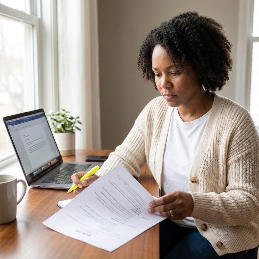 Maya Caldwell holding printed resume pages and highlighting key sections with a pen, focused expression in a tidy workspace