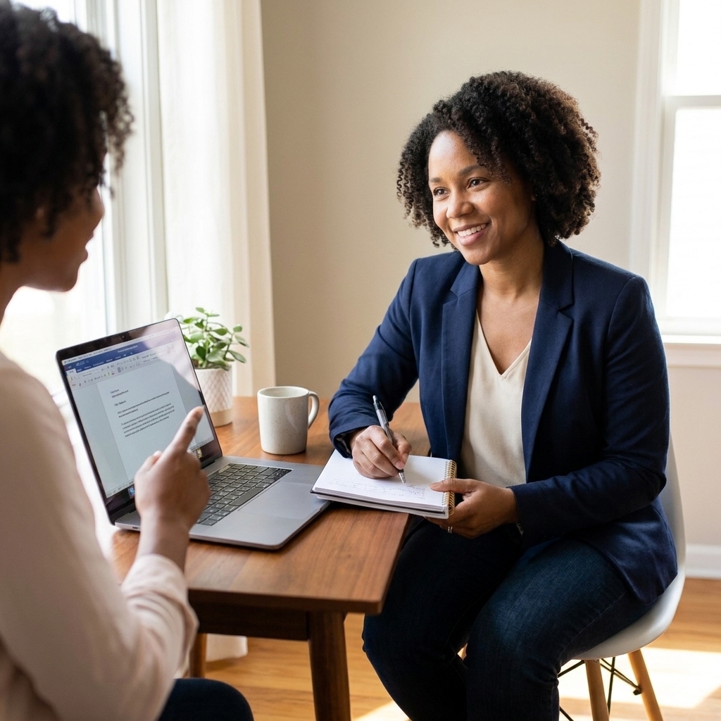 Maya Caldwell in a one-on-one coaching session at a small table, listening attentively while a client reviews a resume on a laptop