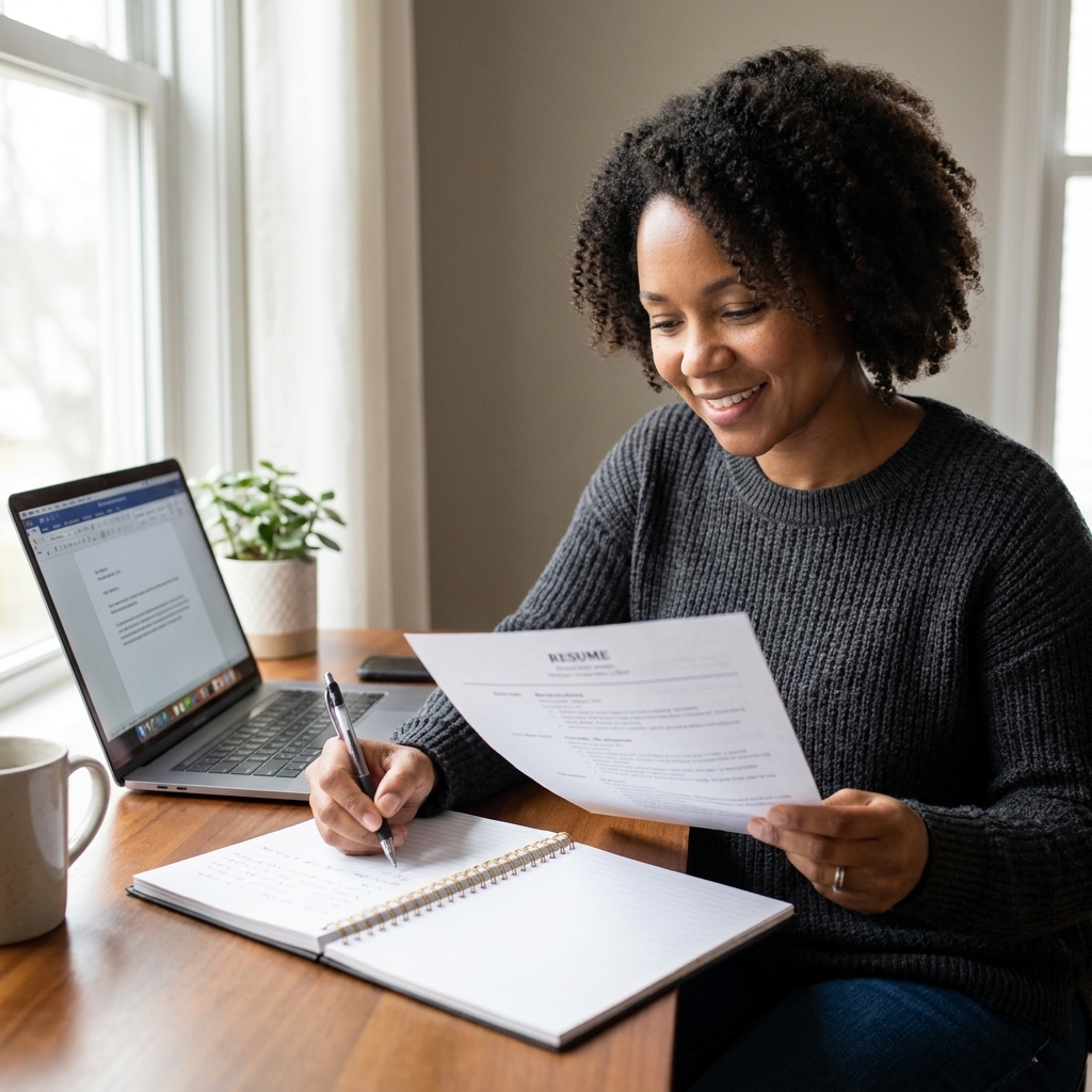 Maya Caldwell sitting at a home office desk with a laptop and a notebook open, reviewing a resume and writing organized notes, natural light through a nearby window