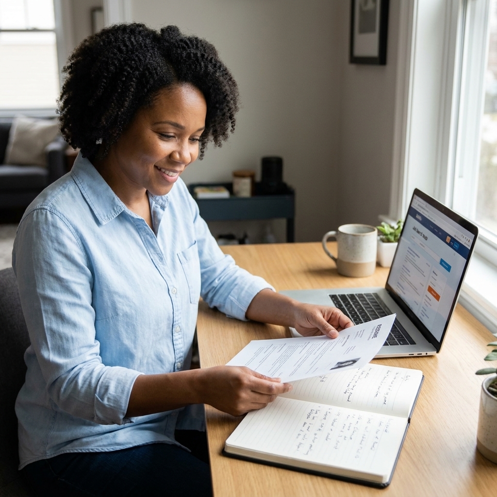 Person at a tidy desk organizing job search materials with a laptop, printed resume pages, and a notebook in natural daylight