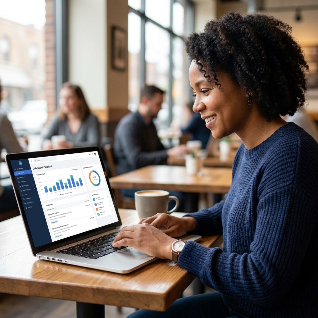 Person working on a laptop with a job-search dashboard open while sitting at a coffee shop table