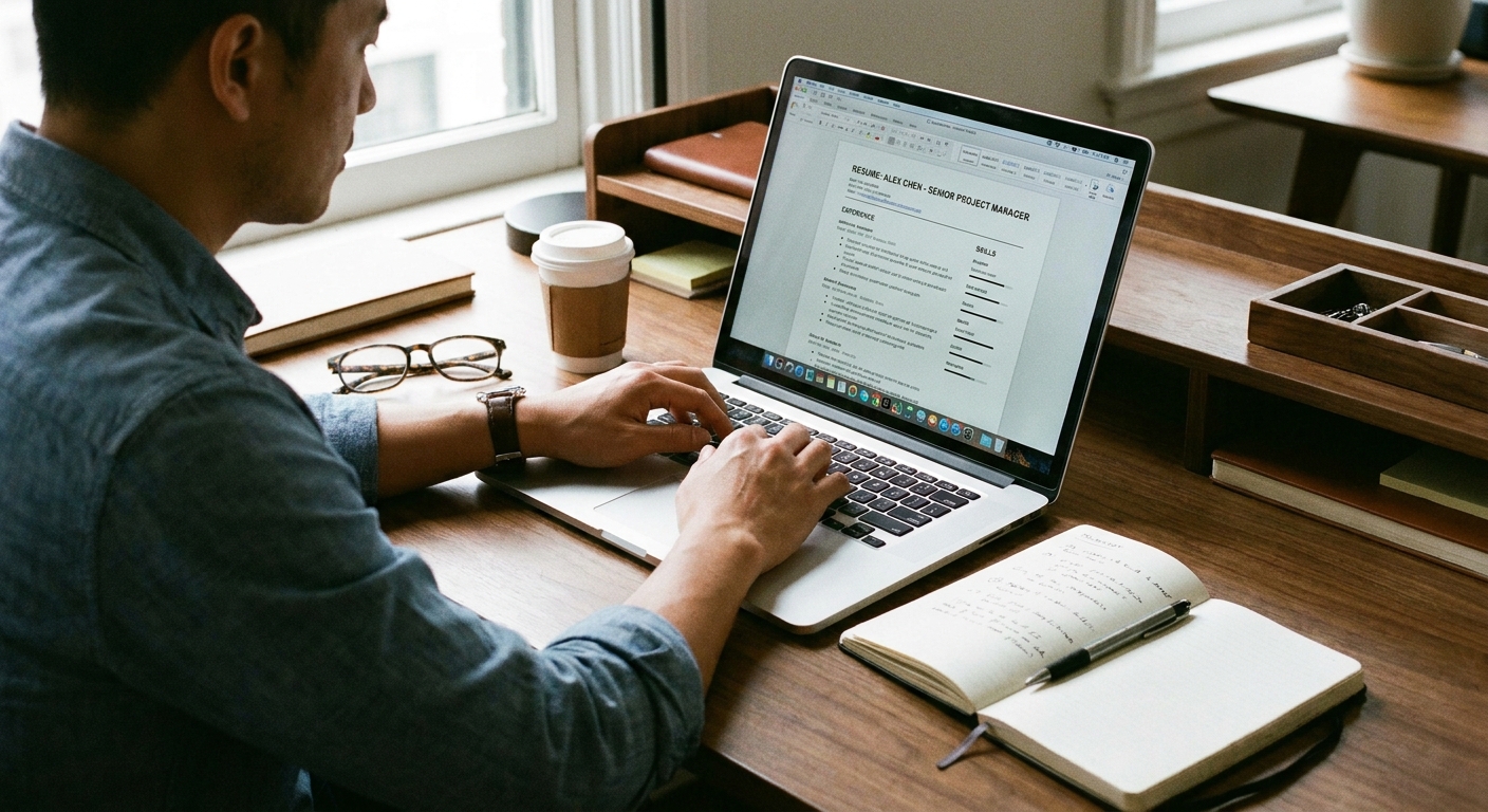 Professional typing on a laptop with a resume document open and a notebook beside it.
