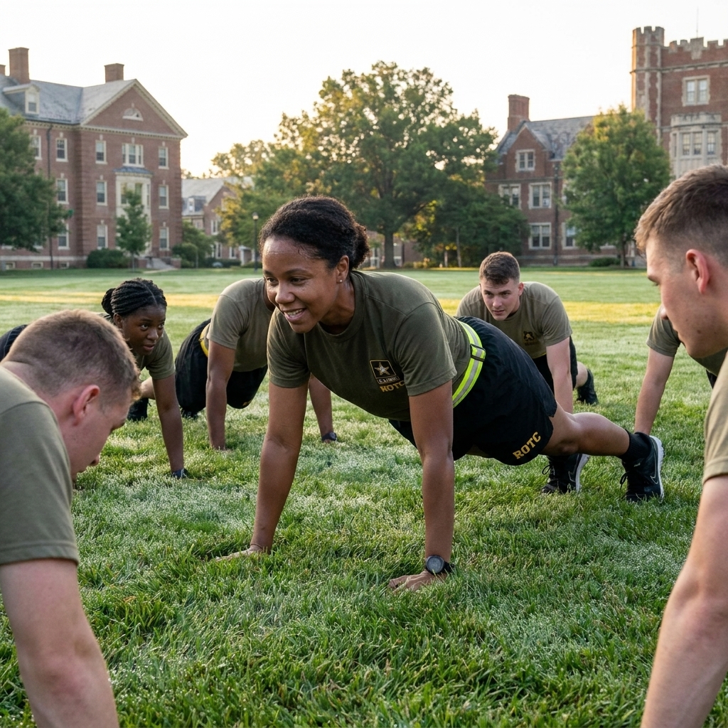 ROTC cadets in uniform doing early morning physical training on a college campus field