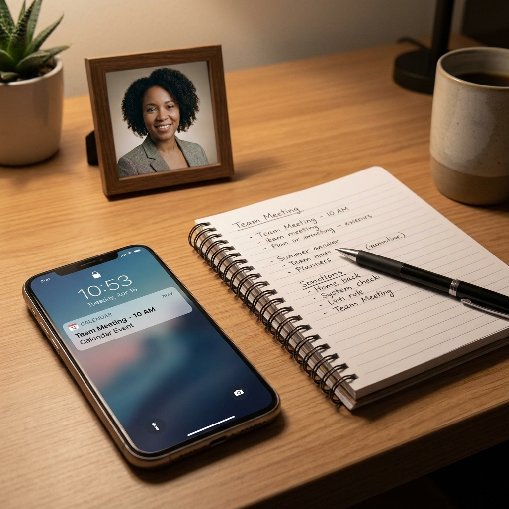 Smartphone on a desk showing a calendar event reminder next to a notebook and pen