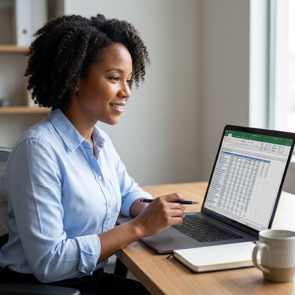 Spreadsheet with rows and columns open on a laptop while a hand holds a pen nearby