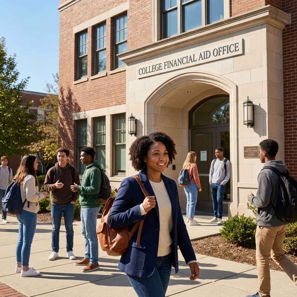 The exterior of a college financial aid office building on a clear day with students walking past the entrance