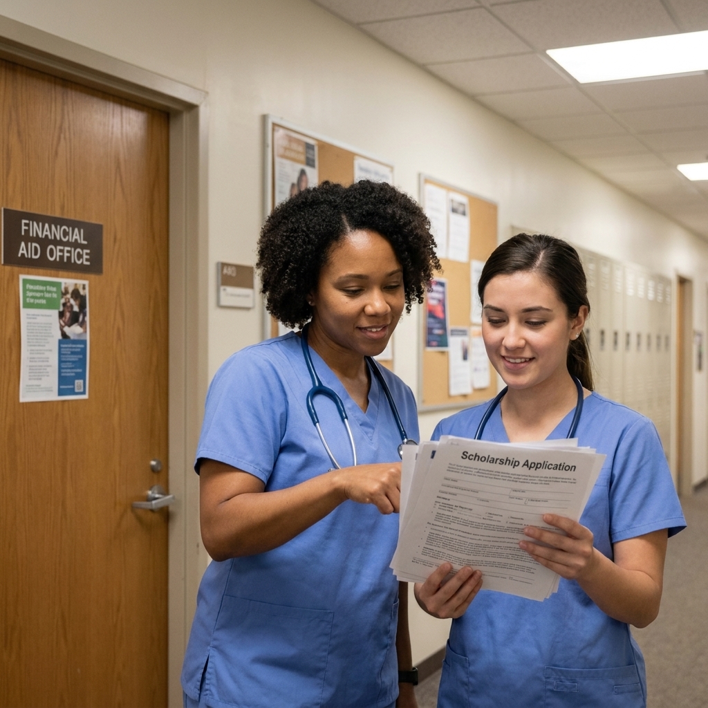 Two nursing students standing in a university hallway outside a financial aid office, reviewing scholarship paperwork together