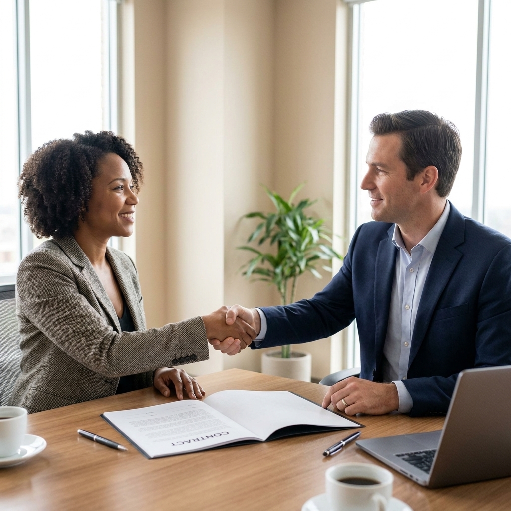 Two professionals sitting at a table reviewing a contract and shaking hands after agreeing to a project, realistic business meeting photo
