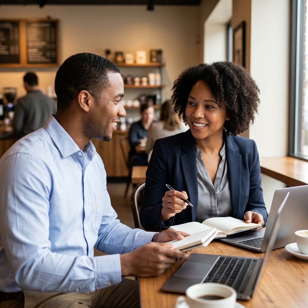 Two professionals talking at a coffee shop table with notebooks open